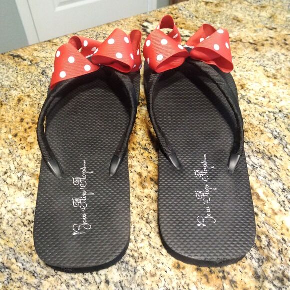 Cute Red Polka Dot Bow Ribbon Flip Flops with Mickey Mouse in Glitter 11/12 - Picture 5 of 9